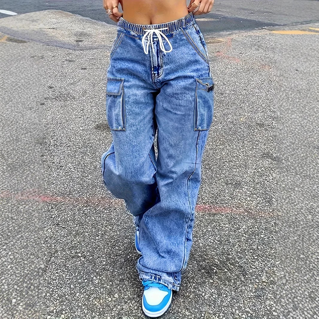 Cargo Pants Jeans Women Streetwear Straight Trousers Multiple Pockets High Waist Vintage Distressed Washed Female Denims 2025 251029