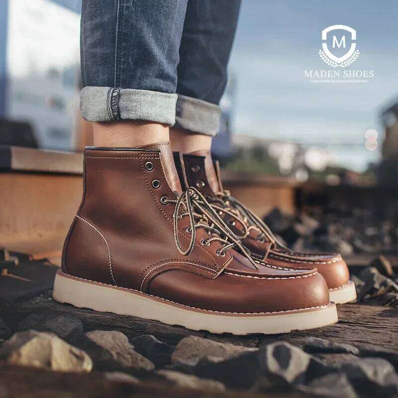 Maden Vintage Brown High Top Split Leather Motorcycle Men Work Fall and Winter Lace-Up Round Toe Boots Outdoor Ankle Shoes