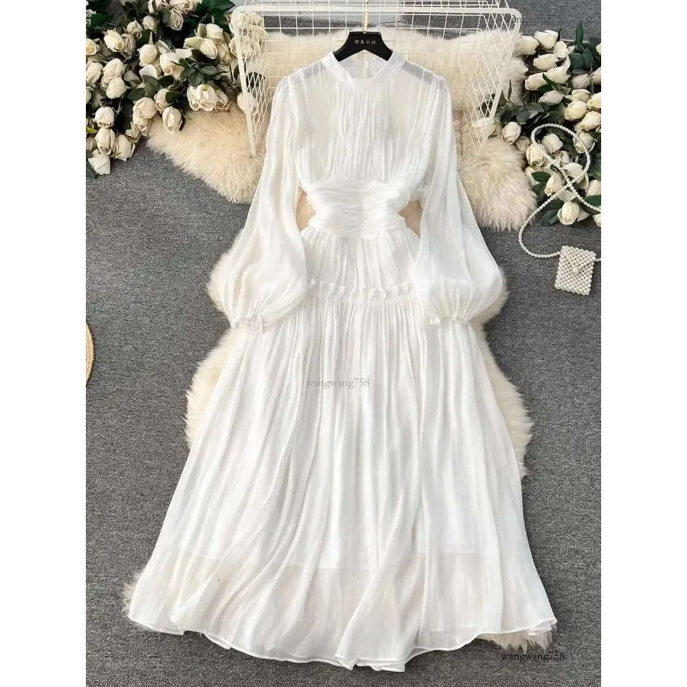 French Folds Wedding Formal Occasion Dresses For Womens Stand Puff Sleeve Chic A-Line Pleated Shine Robe Clothes Holiday 240929