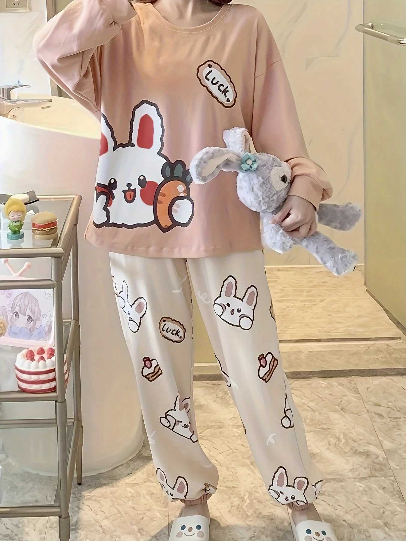 New Womens Pajama Set for Spring Autumn Winter Cute Rabbit Long Sleeve Cartoon Style Plus Size Suitable for Students T251029
