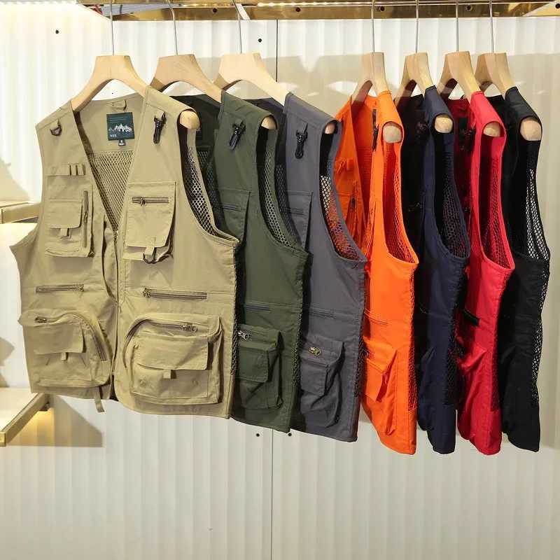 Summer Mens Casual Vest Solid Color Multipocket Mesh Patchwork Breathable Sleeveless Vest Camping Fishing Photography Vest Top W251029