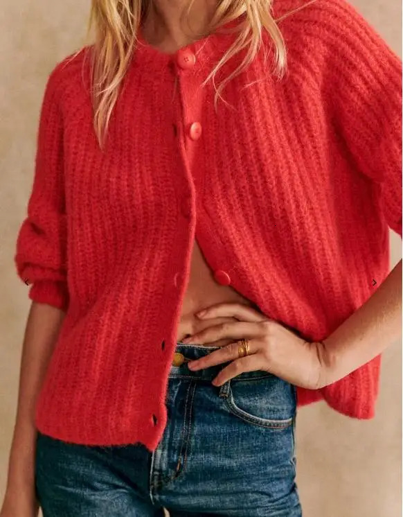 Womens Sweater Cardigan Loose Solid Color Crew Neck Long Sleeve Button Down Knit Tops for Fall Winter 251029