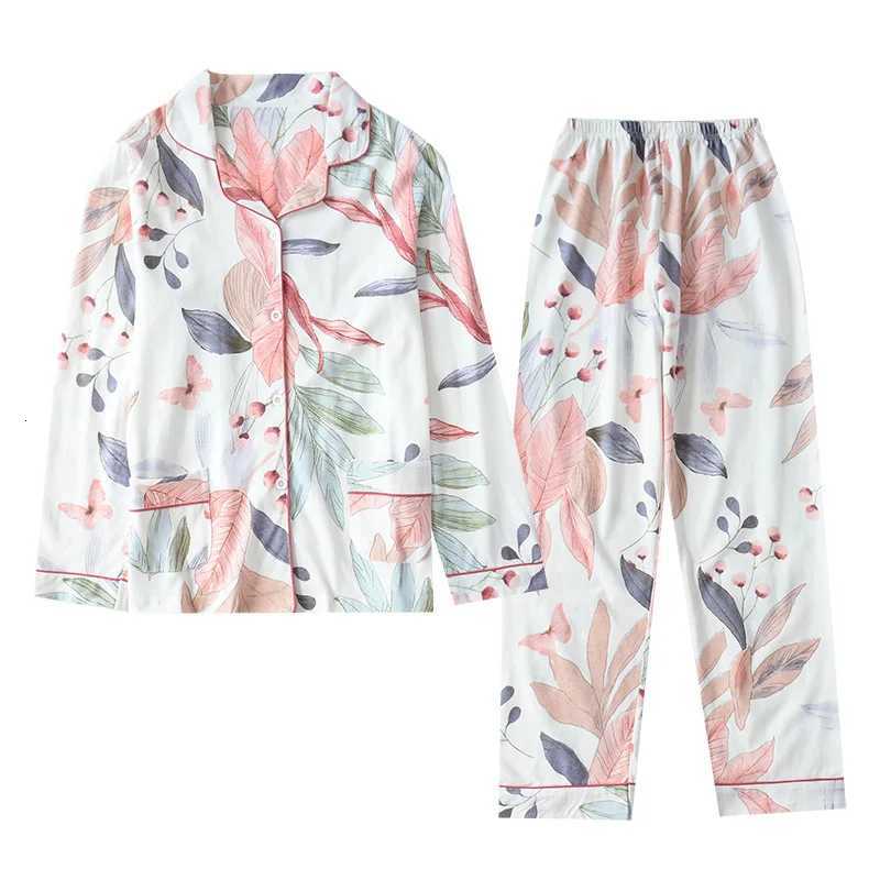 Women Long Sleeve Nightwear Autumn 100 Cotton Knitted Pajama Set Turndown Collar Leaves Printing Pajamas Loungewear SleepwearT251029