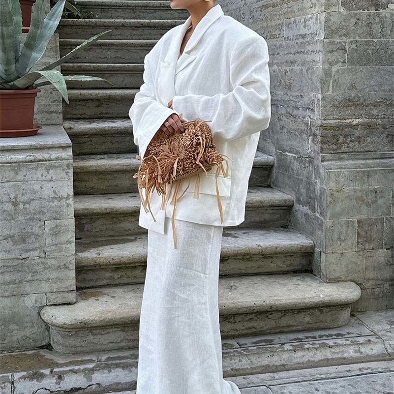 Oymimi Casual White Two Piece Set For Women Elegant Long Sleeve Pockets Blazers And High Waist Straight FloorLength Skirts Sets 251028