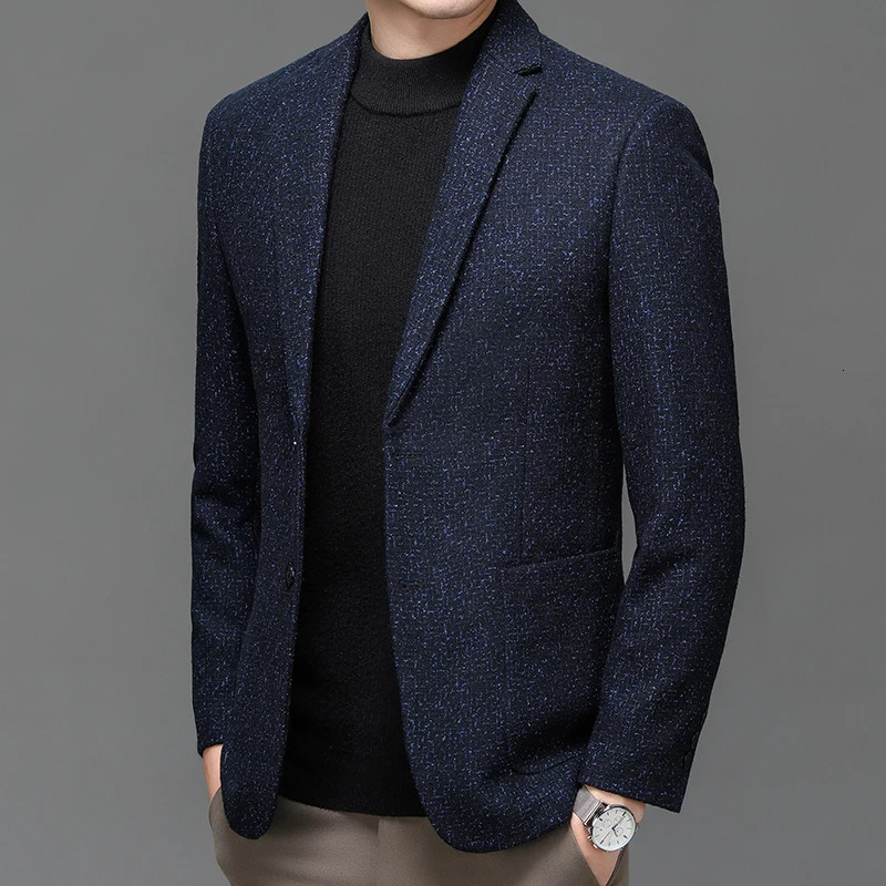 Classical Men Navy Blue Tweed Wool Blazers Sheep Woolen Suit Jackets Gentlemen Fashion Outfits for Business and Casual Wear 251028