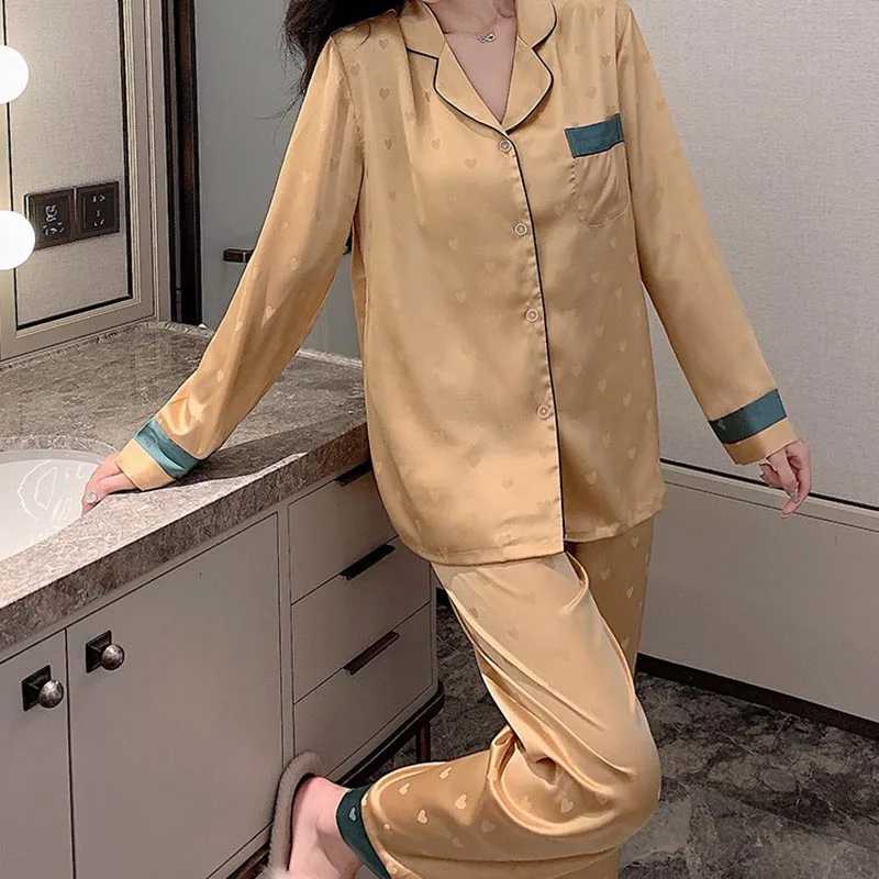 Top Autumn New Ice Silk Women Pajama Lapel Button Cardigan Outfits for Women 2 Piece Set Fashion Printing Set Clothes for WomenT251029