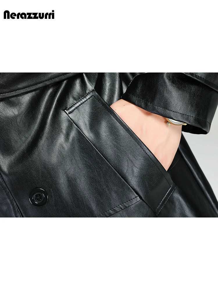 Nerazzurri Autumn Oversized Cool Brown Long Pu Leather Trench Coat Men Double Breasted Luxury Designer Punk Syle Clothes 2023T251029