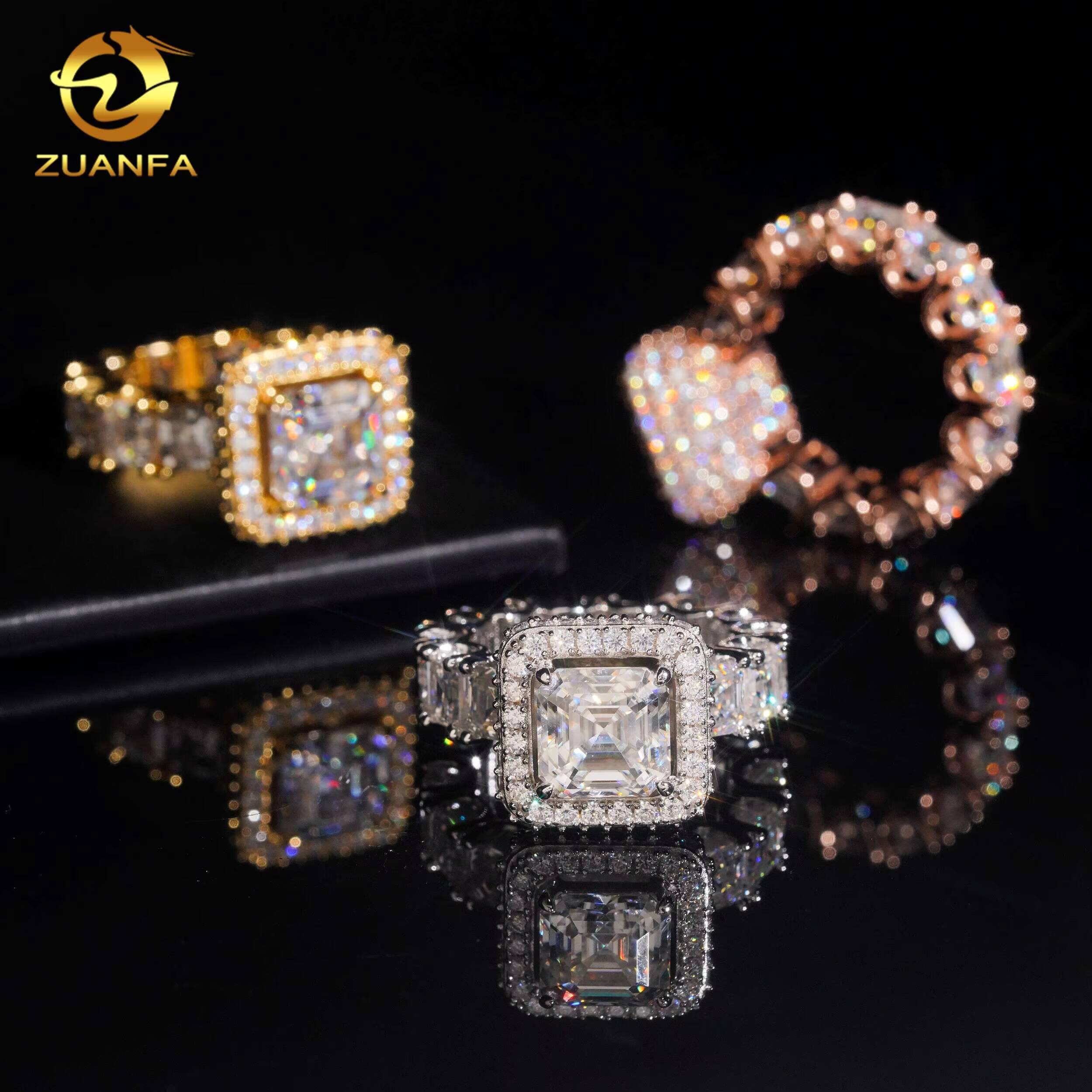 Iced Out Ring VVS Moissanite Diamond 925 Sterling Silver Moissanite Eternity Ring Asscher Cut Women Men Engagement Ring