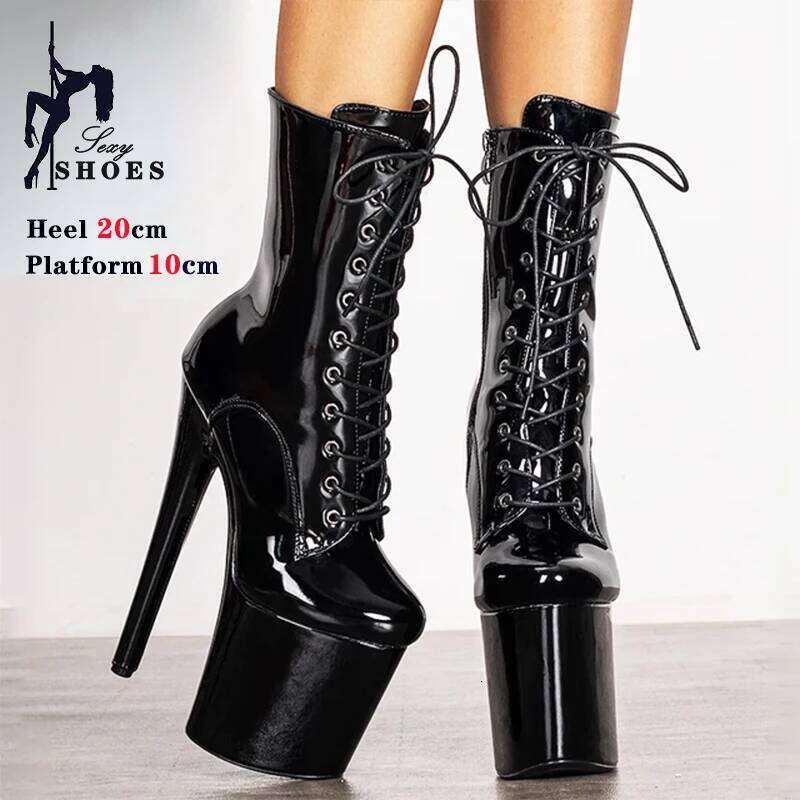 Sexy Shine Patent Leather Women 15 17 20cm/8inchs Extreme High Heels Platform Boots Lace Up Stripper Pole Dancing Shoes