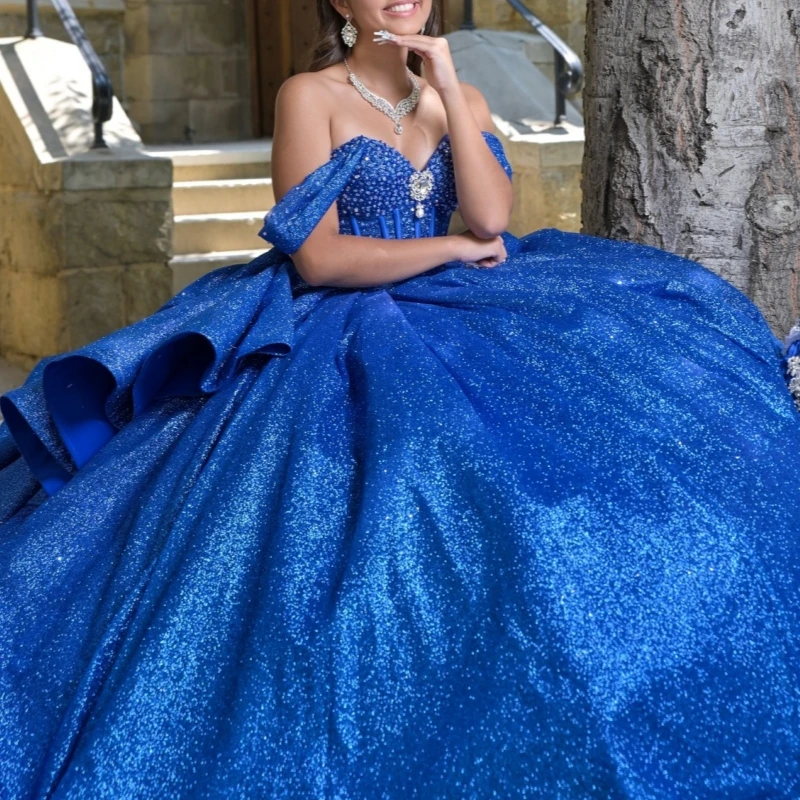 Royal Blue Shiny Ball Gown Quinceanera Dresses Off The Shoulder Beads Bow Tull Party Birthday Sweet 16 Dress Vestidos 15 Anos
