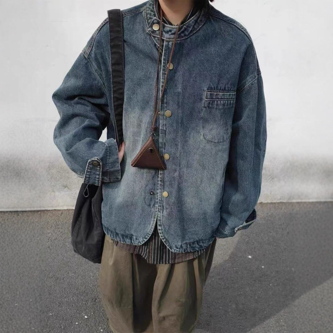 Minimalist Vintage Washed Denim Jacket For Men Spring And Autumn Stand Collar Loose Designer Jacket Fit Versatile Short Jacket Trendy