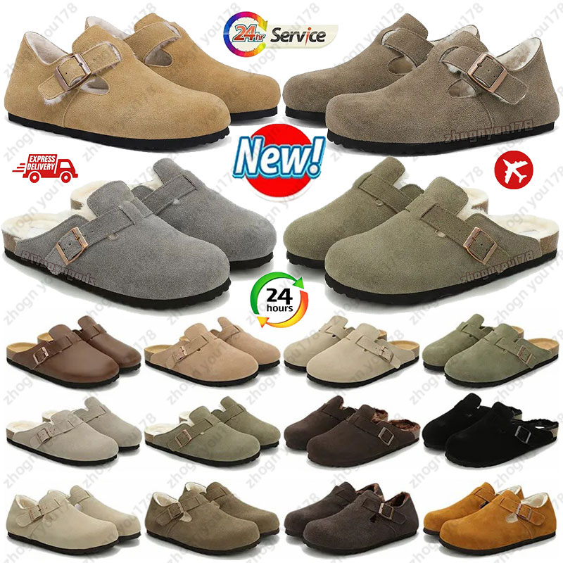 Womens Winter fleece slippers Designers stock clog sandals Soft Footbed Clog uede Leather Buckle slippers black gary brown women men stock clogs Strap Shoes