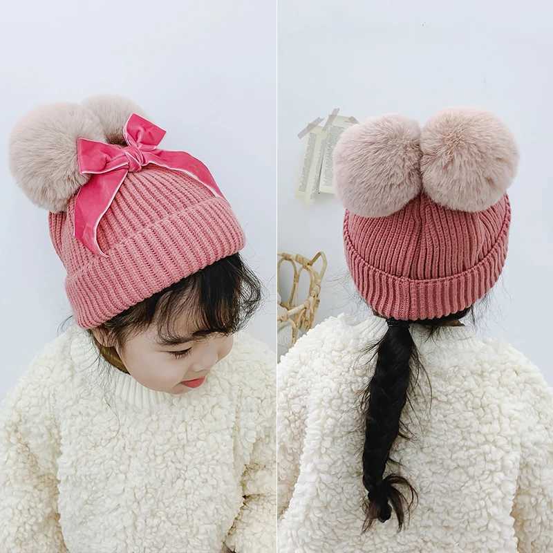 Pompom Baby Winter Hat for Girls Beanie Warm Bow Kids Cap Fur Ball Baby Girl Hat Thicken Snow Children Knitted Hats 636M251028
