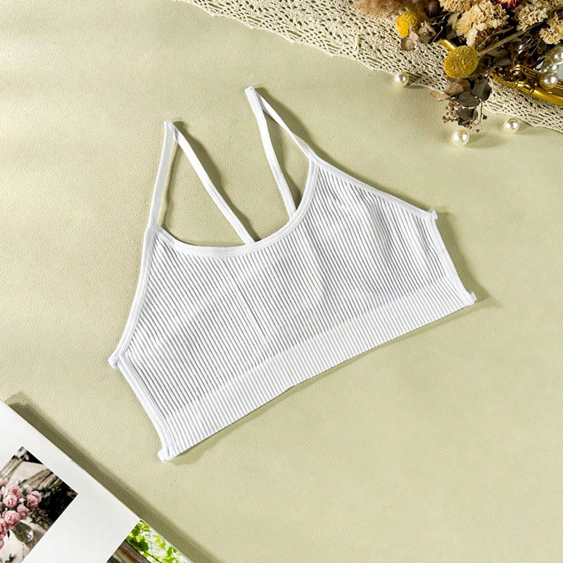 Bras Women's Ribbed Spaghetti Strap Sports Bra, Seamless Crop Top Bralette, Comfortable Casual & Gym Wear with Open Back Design