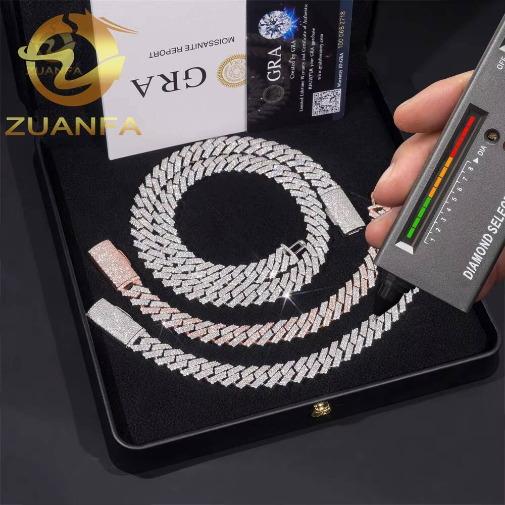 12mm 2Row Moissanite Hip Hop Jewelry 925 Sterling Silver Cuban Link Chain for Men Moissanite Link Pass Diamond Tester