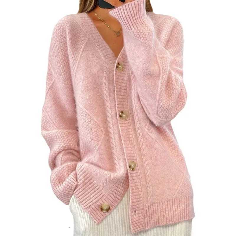 Autumn Winter Solid Color Longsleeved V Neck Knitted Cardigan Breasted Women Top Fashion Jacquard Sweater Versatile Coat FemaleT251028