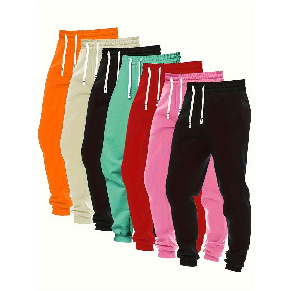 7-Pack Women's Casual Outdoor Long Pants with Pockets, Drawstring Running Sports Pants, Polyester & Spandex Blend, Slight Stretch, Geometric Patt