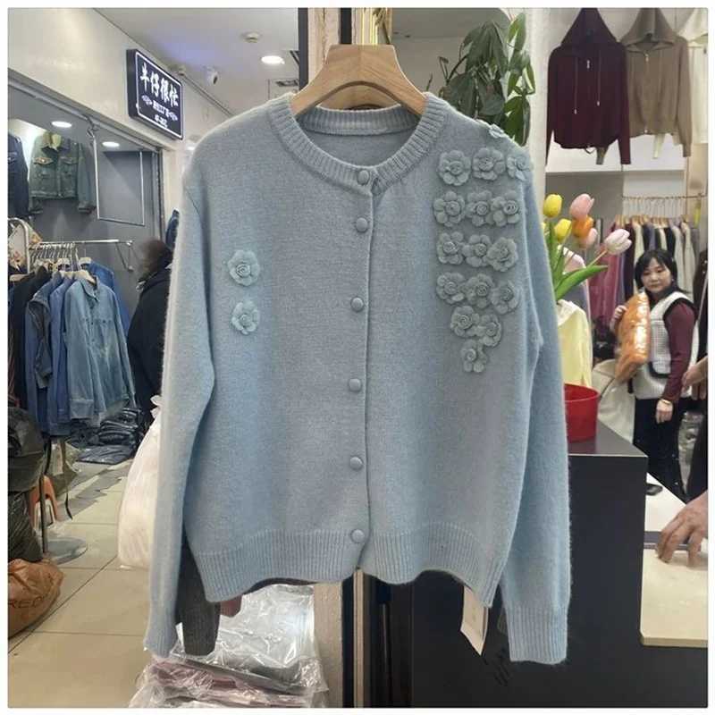 Korean Soft Waxy Knit Cardigan Women Round Neck Joker Sweater Ladies New Flowers Long Sleeve Casual Sweater Female Jacket TopsT251028