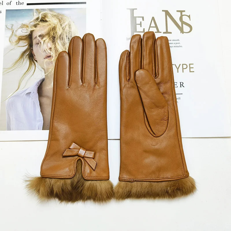 Womens sheepskin bow gloves with warm velvet lining and genuine leather driving 251013
