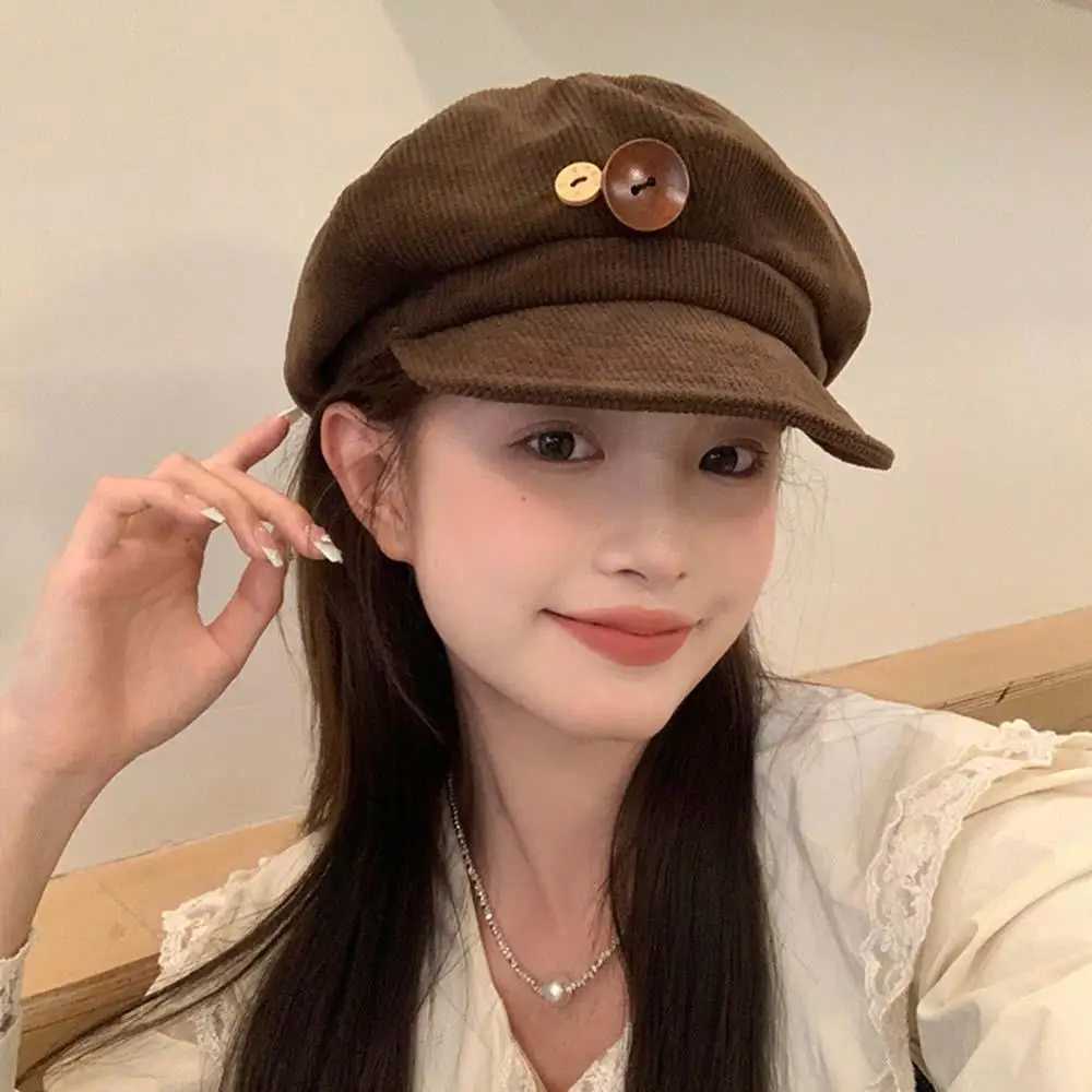 Brown Stripe Peaked Cap Fashion Outdoor Hat Double Button Decor Button Corduroy Item Useful Octagonal Cap Women Newsboy Hat