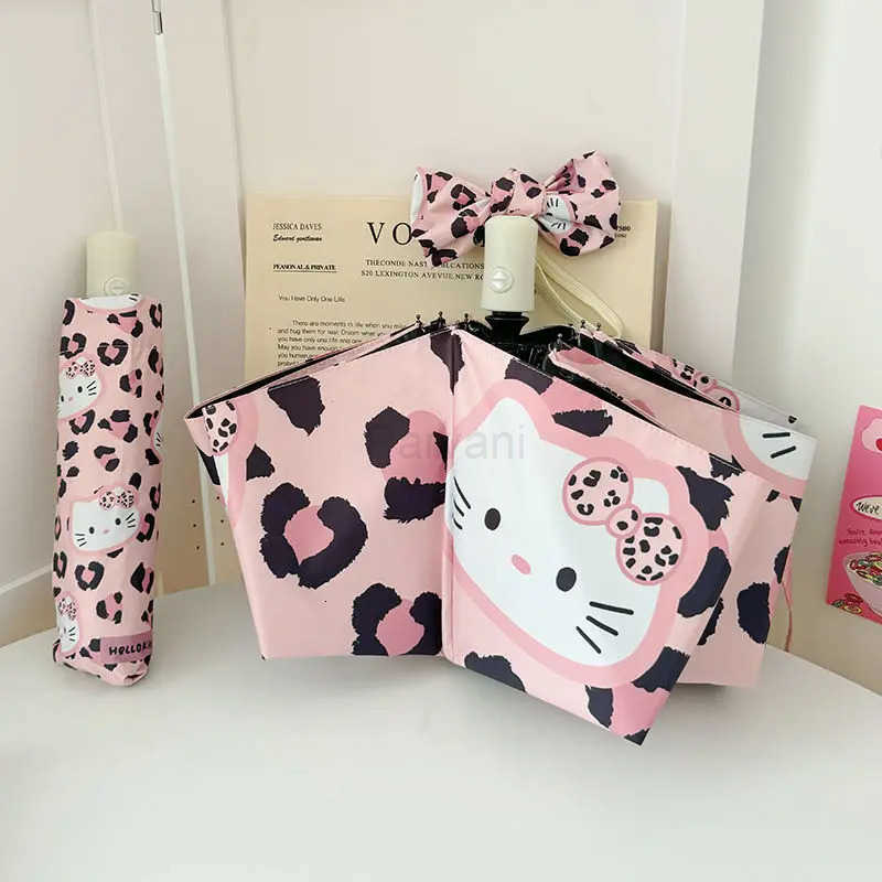 Sanrio Cartoon Sanrio Hello Kitty Umbrella Kawaii Automatic Uv Protection Sun Protection Cute Pink Leopard Print Folding Umbrella L251029