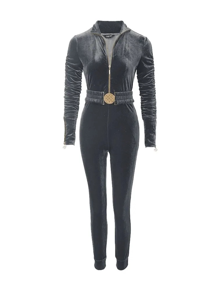 Velvet Zipper n Jumpsuits for Women Elegant Ruched Long Sleeve Jumpsuit with Elastic Waistbelt Overalls Woman Clothing 251027