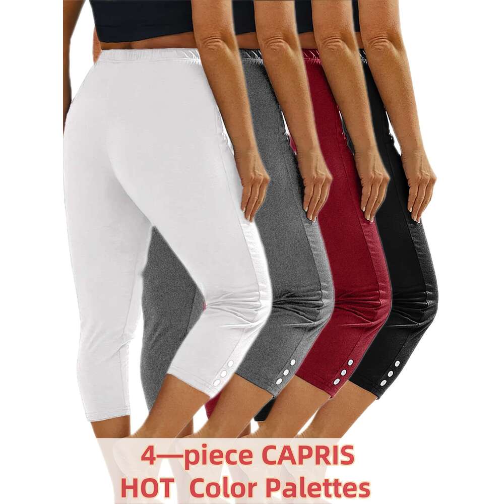 4pcs 7-inch High Waist Capri Leggings Women, Stretchy Comfortable, with Button Decor, Perfect for Yoga, Running & Fiess Workouts - Green, White, Pink,