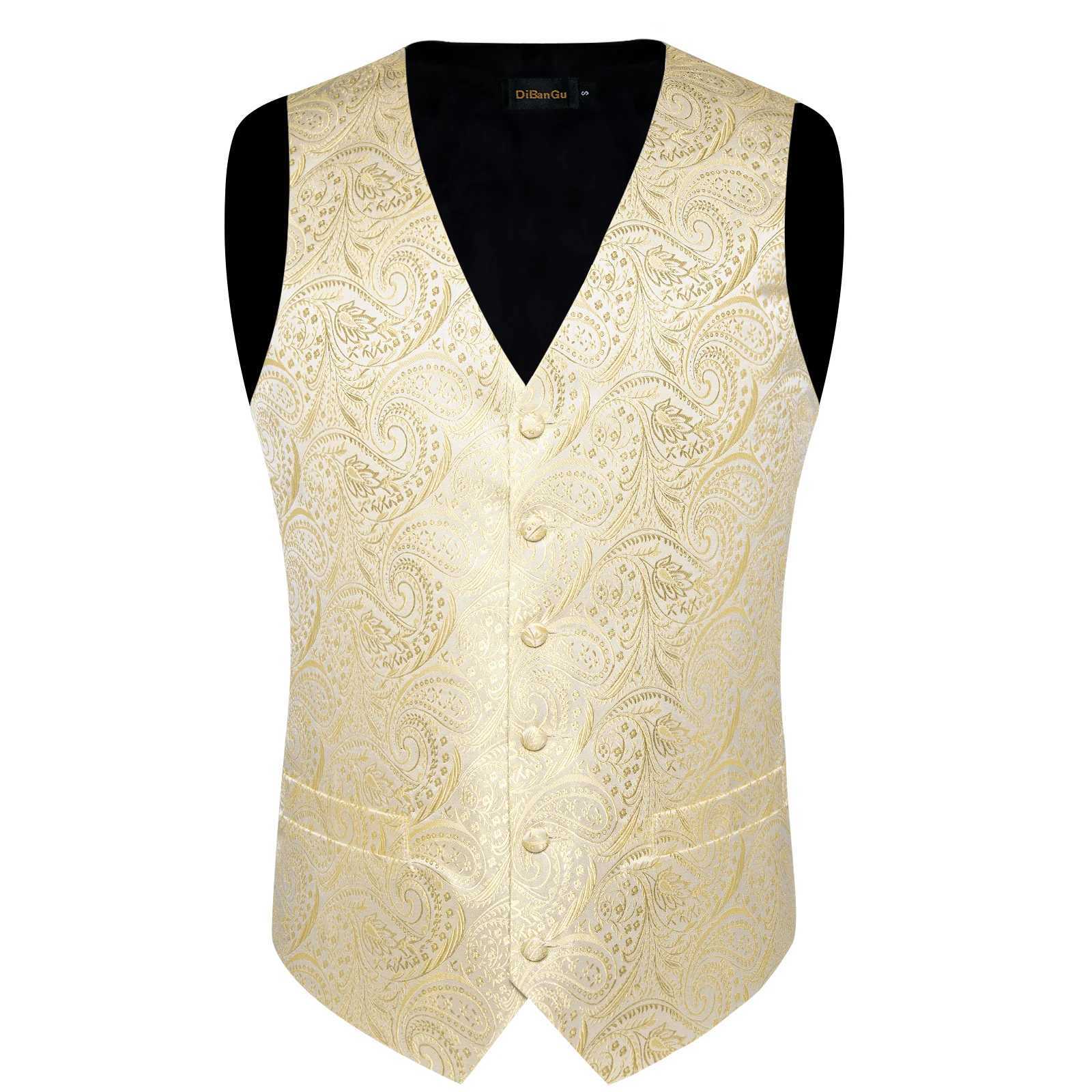 Waistcoat for Men Beige Solid Paisley Silk Suit Vest with 8cm Necktie Pocket Square Cufflinks Wedding Prom Tuxedo Sleeves Jacket W251029