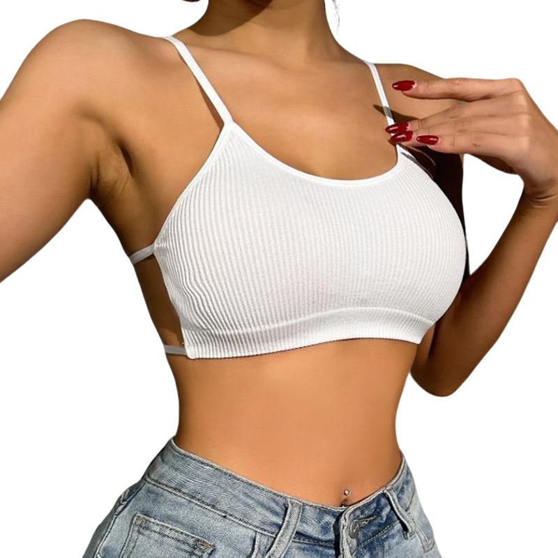 Bras Women's Ribbed Spaghetti Strap Sports Bra, Seamless Crop Top Bralette, Comfortable Casual & Gym Wear with Open Back Design