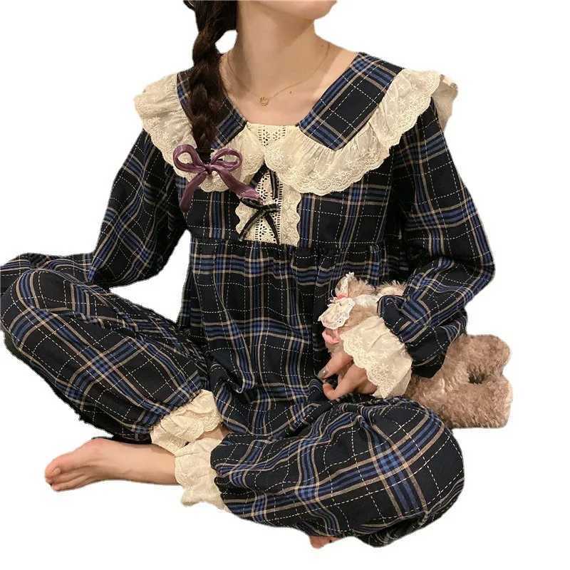 Night Wear Woman Sexy Sweet College Style Pajamas Women Long Sleeve Lace Doll Collar Gradient Grid Loungewear Long Sleeve TrousT251029