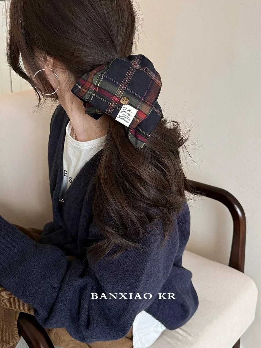 1PC British style vintage checkered square hair tieversatile fashion button hair tie elastic rubber band low ponytail headwearW251028