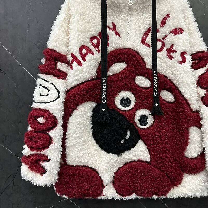 Autumn Winter Heavy Industry Cartoon Lamb Wool Hooded Sweatshirt Jacket For Women's Loose Sweet Y2k Style Top Zipper Coat