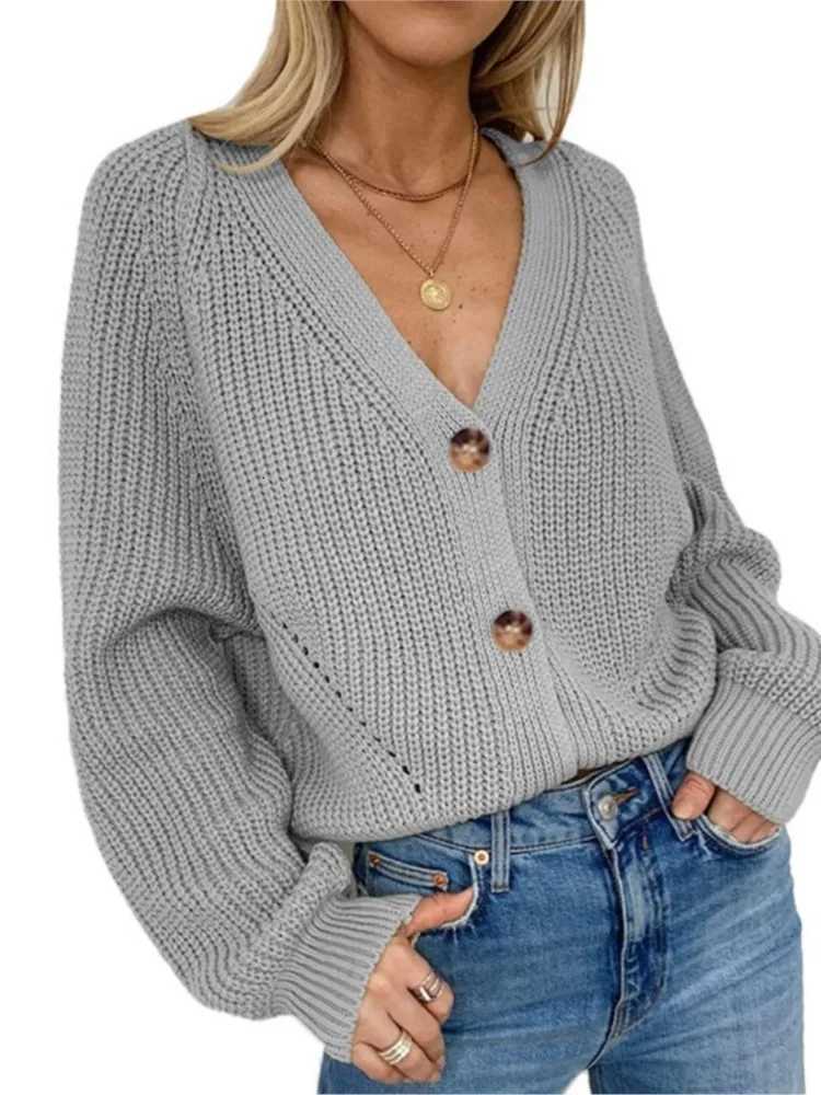Autumn Winter Womens New Sweater Womens Cardigan Solid Color Sexy Vneck Fashionable Lantern Sleeve Button Knit CardiganT251028