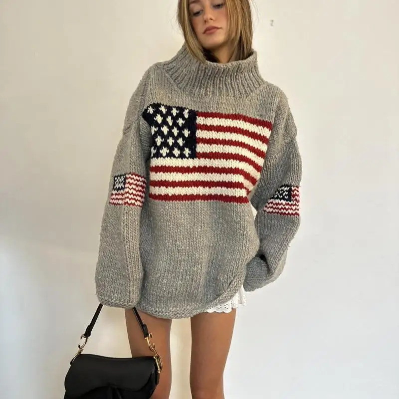 European and American autumn and winter n sense flag print knit sweater casual loose round neck pullover sweater 251029