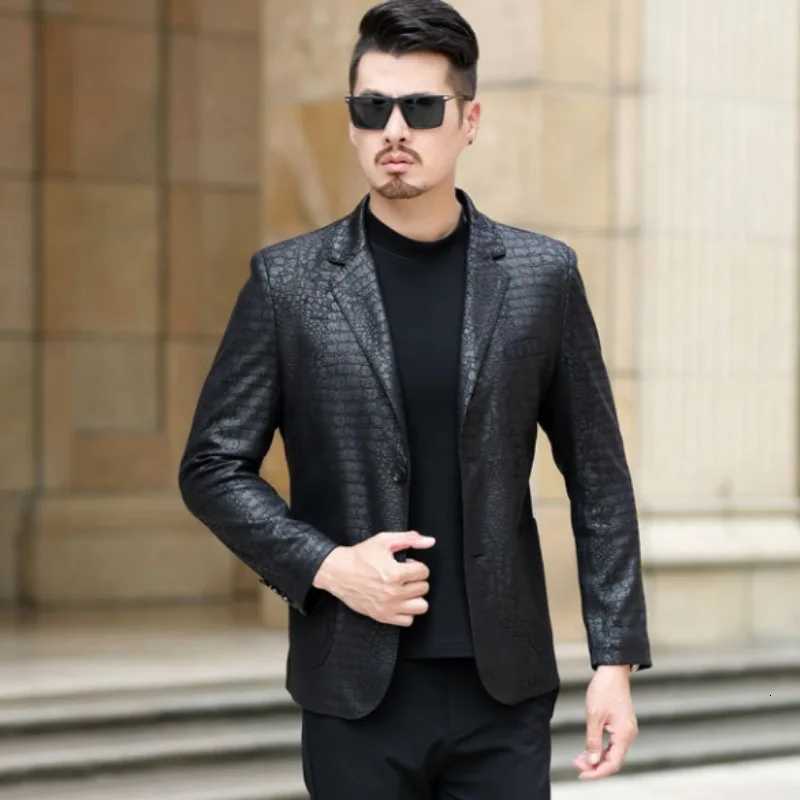 Mens leather jackets leather jackets mens single leather jackets sheepskin crocodile pattern suit jackets slim fitT251029
