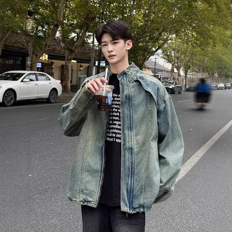 American Niche Deconstructed Washed Denim Jacket Men Spring Designer Jacket Autumn Trendy Brand High Street Oversized Loose Stand Collar Coat
