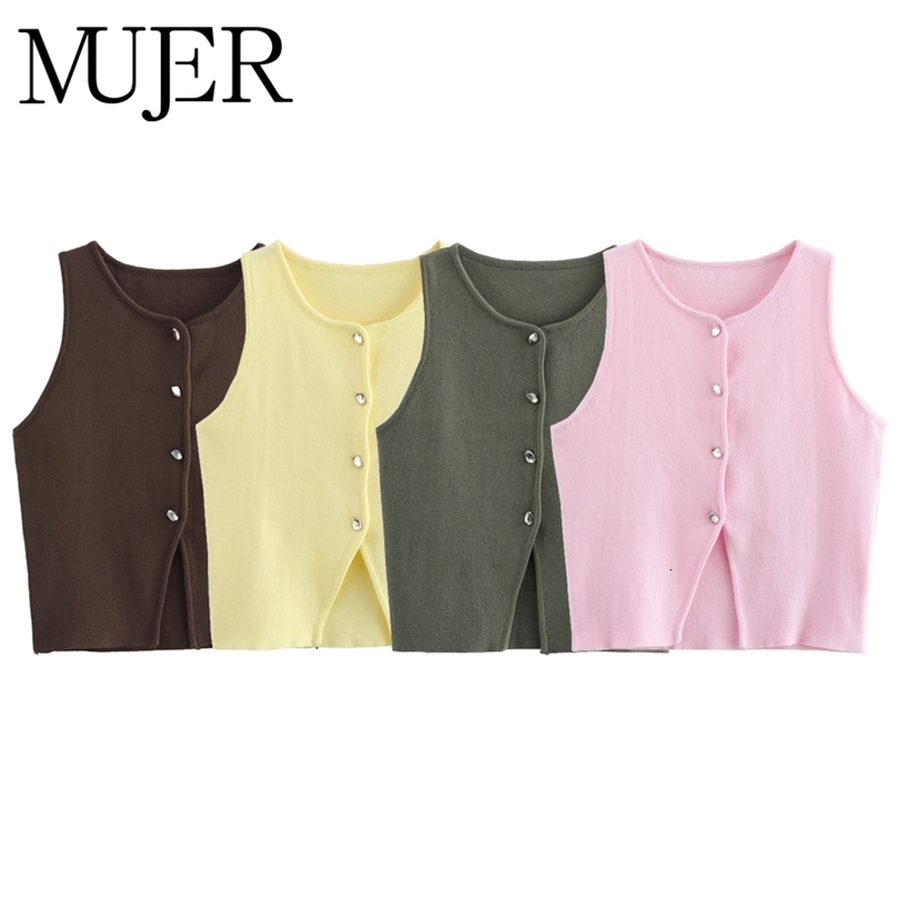 MUJER Pink Knit Sleeveless Vest Women Cropped Sweater Top Yellow Button Vests Streetwear Waistcoat Knitwears 251021