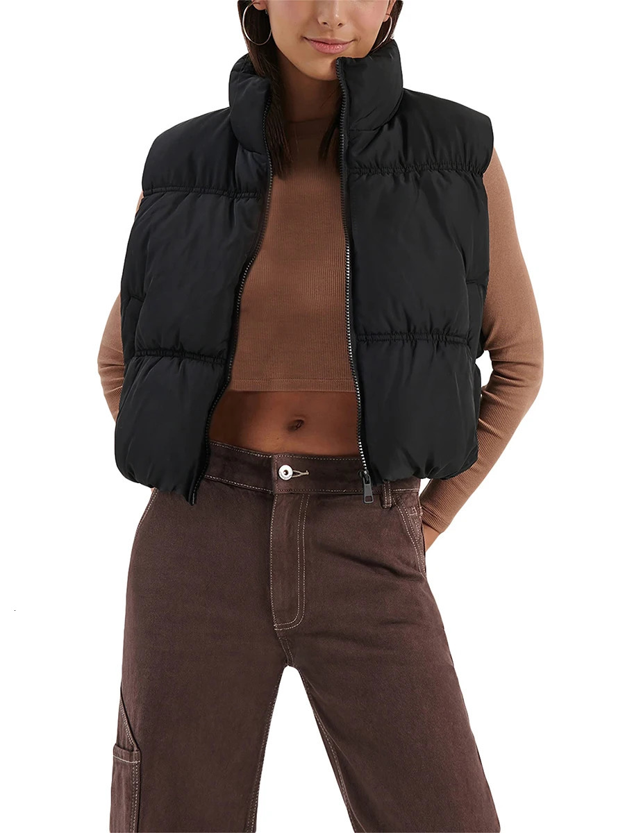 Women s Winter Quilted Waistcoat Solid Color Lightweight Zip Stand Collar Winter Vest Sleeveless Jacket 251029
