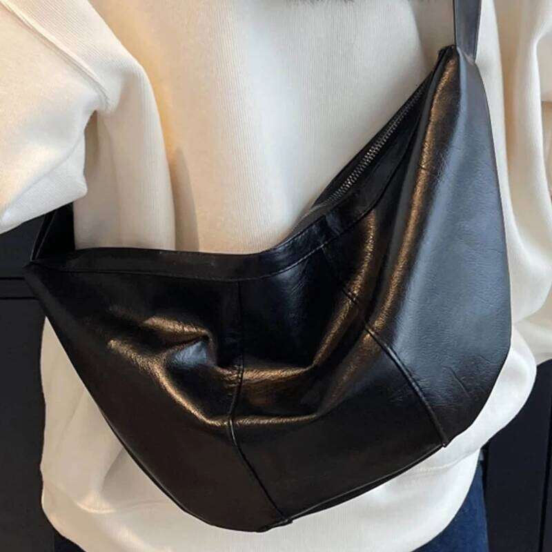 Women's Retro Black Banana Shoulder Bag Quality Pu Leather Ladies Commuter Armpit Crossbody Bags Female Roomy Half Moon Handbag 251029