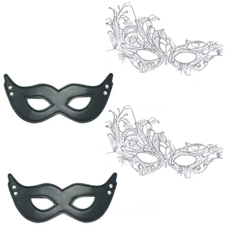 A set of 4 mysterious masks: including black leather masks and lace masks, with diverse styles to create an atmosphere