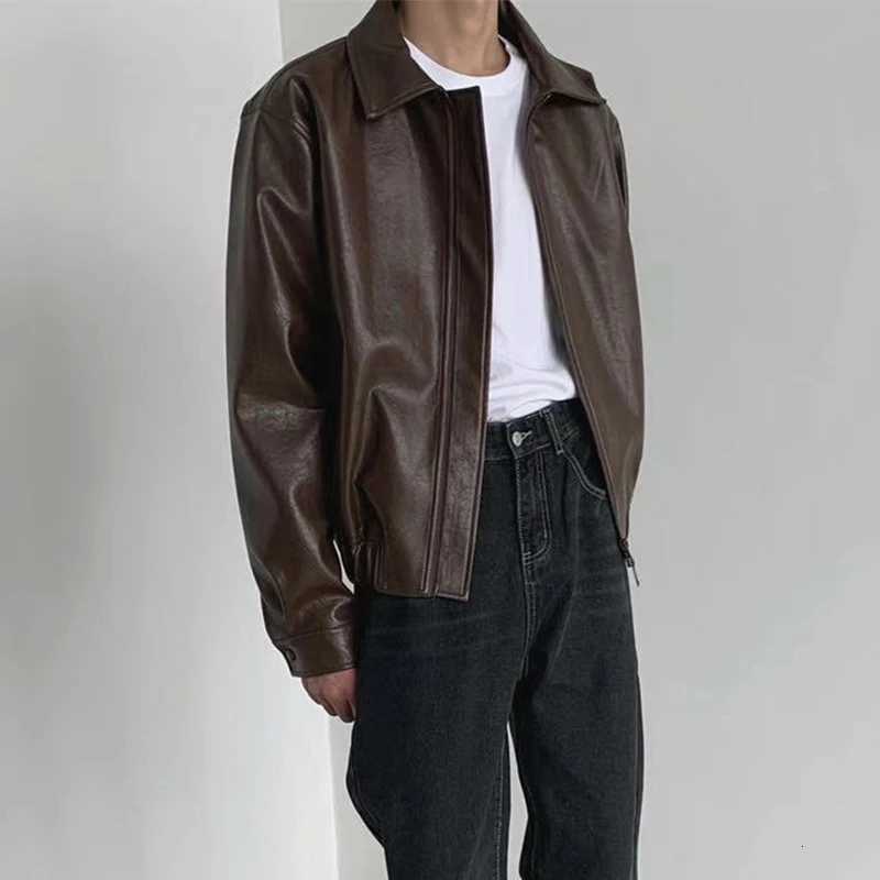 Trendy Y2K Mens Leather Jacket Coat Streetwear Fashion Solid Color Loose Long Sleeve PU Leather Coats Men Autumn Vintage JacketsT251029