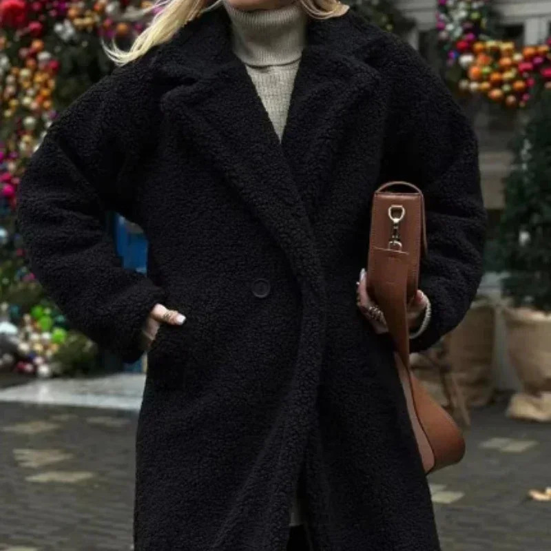 Women Autumn Winter Vintage Wool Blend Long Coat Lapel Chic Long Sleeve Double Breasted Big Jacket Female Street Overcoat 251029