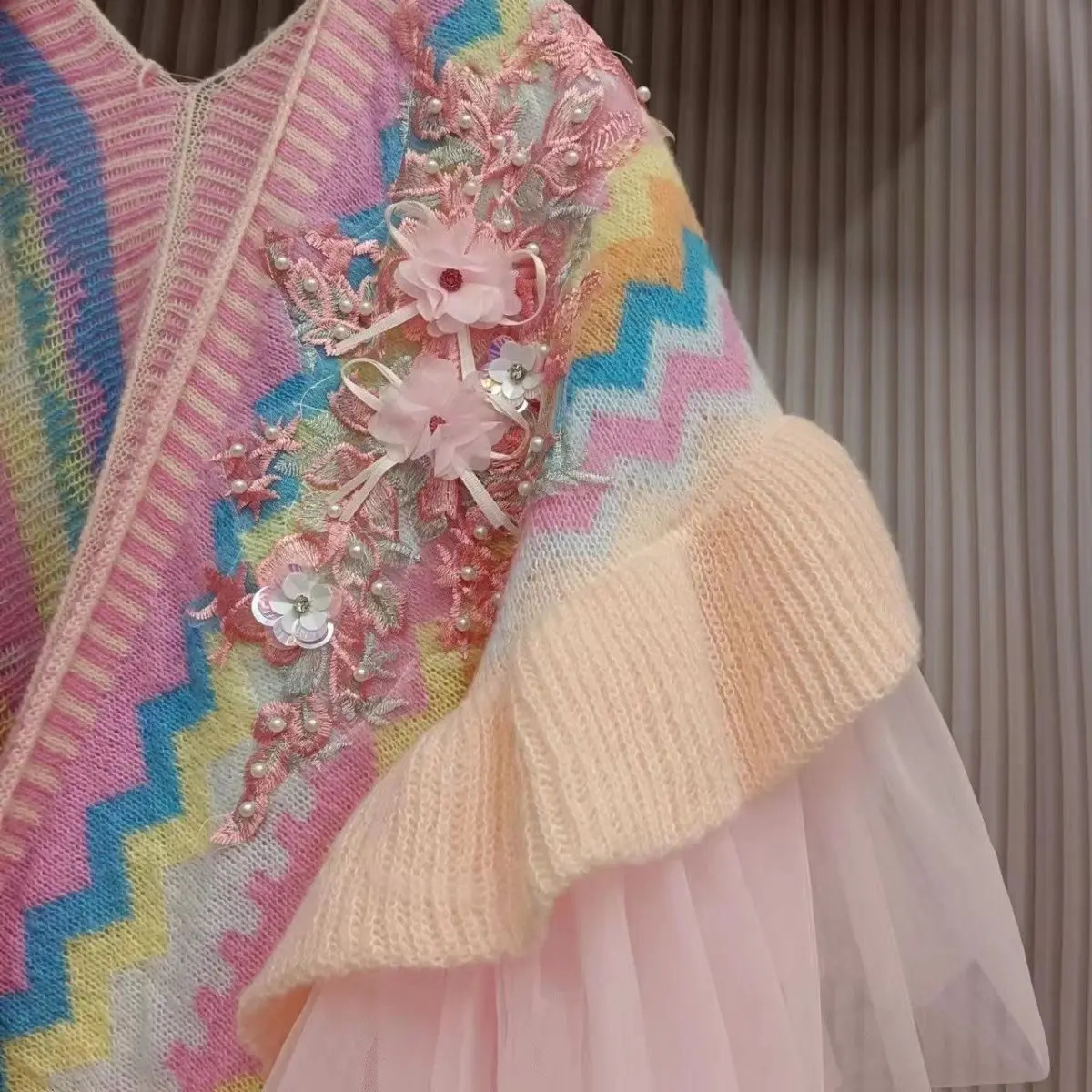 3D Flowers Embroidered Rainbow Knitted Shawl Mesh Spliced Ruffles Sweater Coat Irregular Gauze Ruched Scarf Cape Cardigan Poncho 251029