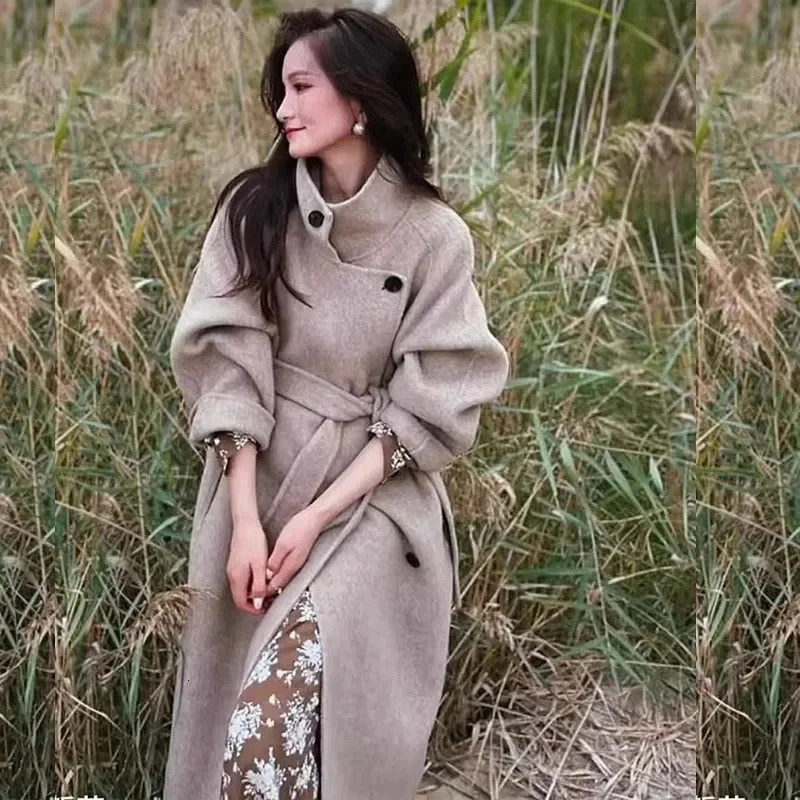 Notch Lapel Wool Coat DropShoulder Women 100 Loose Overcoat DoubleLayers Autumn Winter Long Jacket Thick Trench 251028