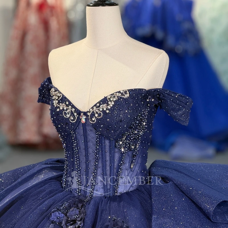 Navy Blue Shiny Ball Gown Quinceanera Dresses Off The Shoulder Applique Flower Beading Crystal Corset Tull Party Birthday Sweet 16 Dress