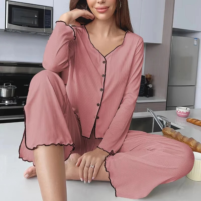 Autumn Winter Women Solid Color Pajama Set Casual Loungewear Long Sleeve Leg Pants 2 Piece Outfit Comfortable Homewear 251029