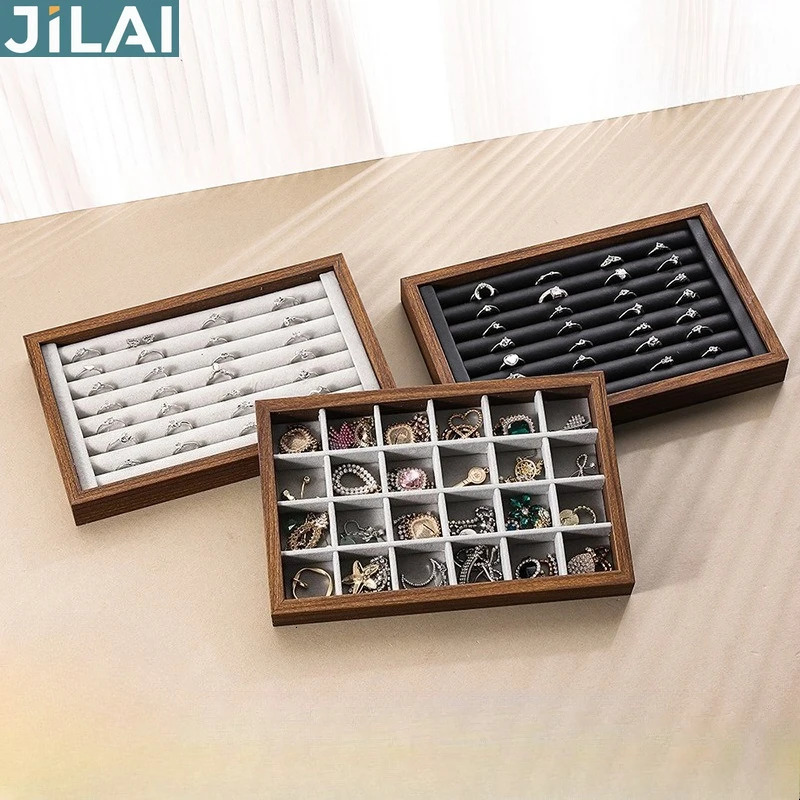 Shopping mall counter jewelry tray display walnut box flannel storage large capacity ring necklace 251013