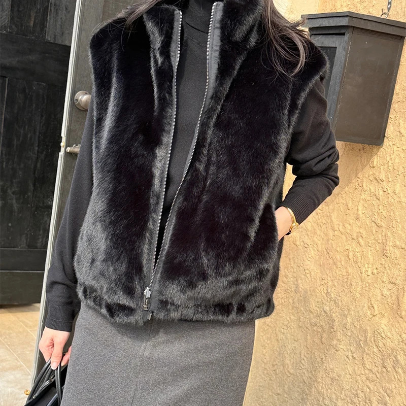 Women Korean Style Mink Fur Reversible Vest Coats Autumn Winter Highend Stand Collar Thick Warm Loose Casual Zipper Waistcoat 251027