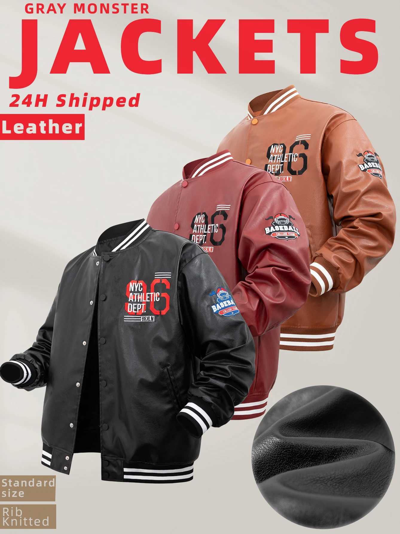 Mens PU Faux Leather Jacket Embroidery SnapButton Baseball Coat Vintage Biker Outerwear StreetwearT251029