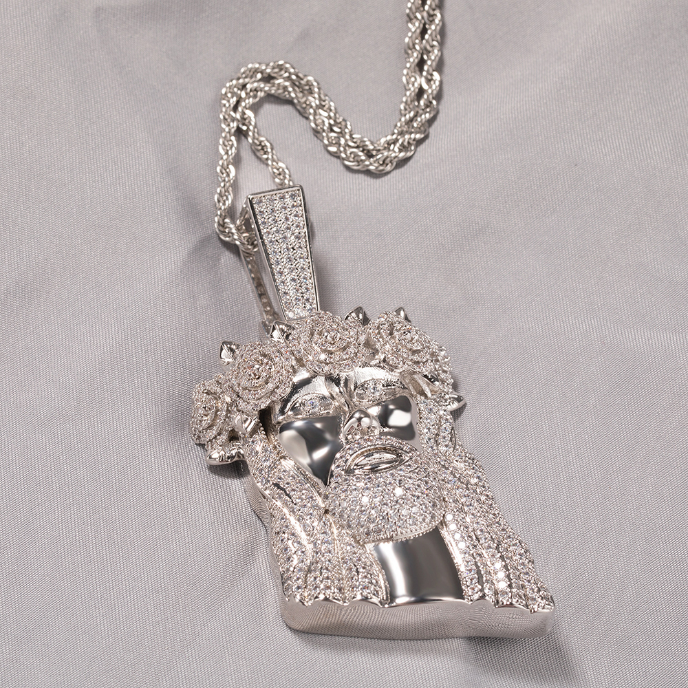 Hip Hop Classic Rose Flower Jesus Pendant Necklace 5A Zircon Real Gold Plated Religious Jewelry